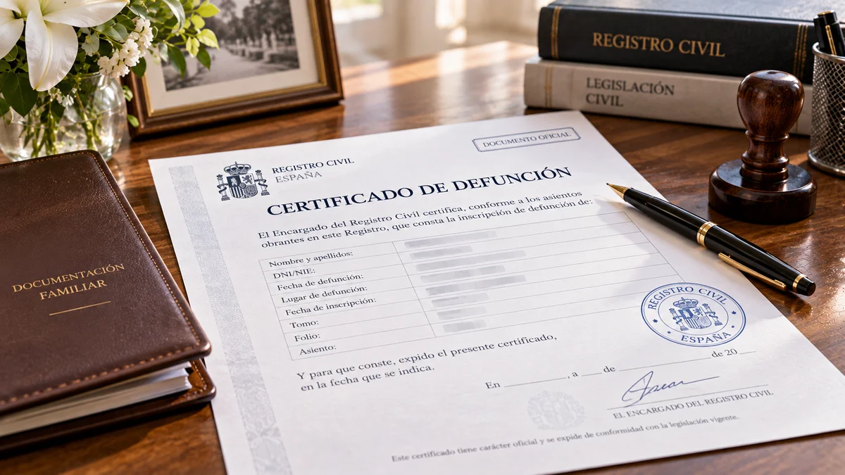 Certificado de defunción Documento oficial con sello sobre un escritorio