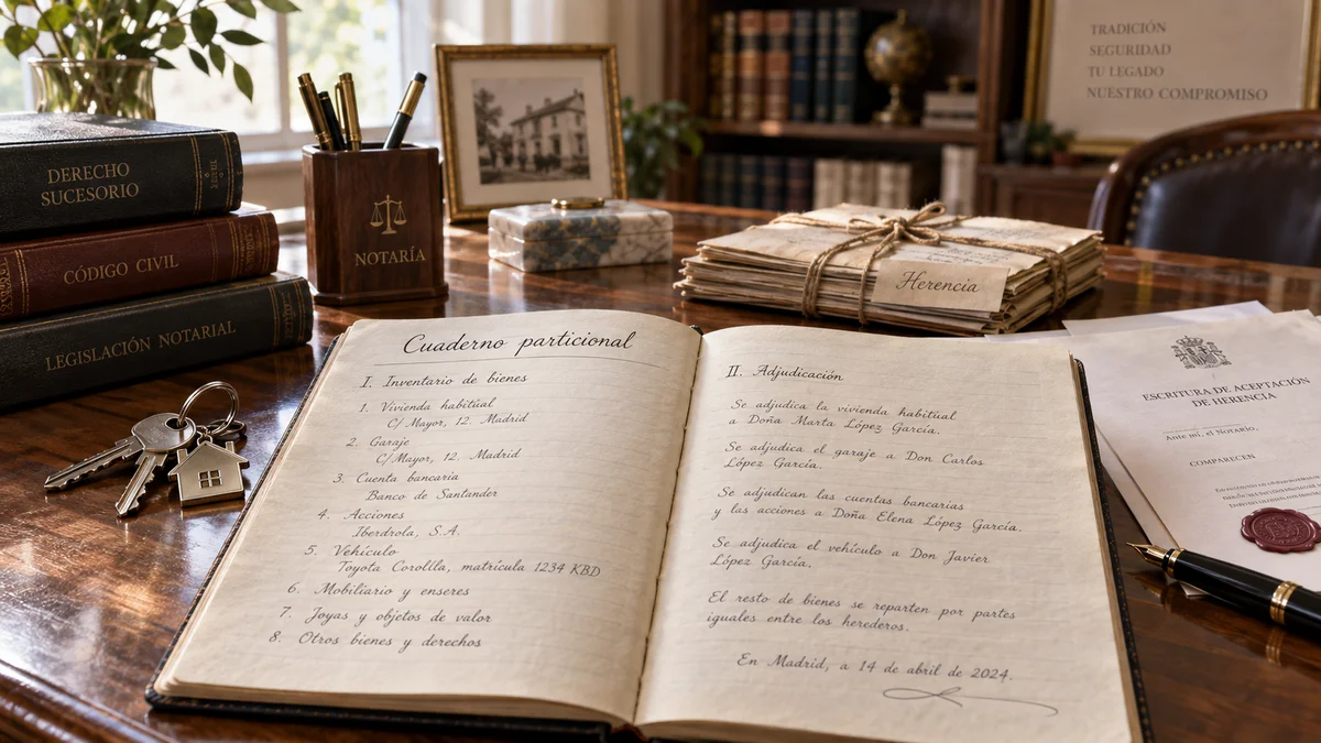 El cuaderno particional Inventario manuscrito junto a llaves y documentos