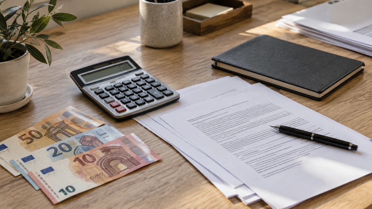 Cuánto cuesta aceptar una herencia Calculadora, billetes y documentos sobre una mesa