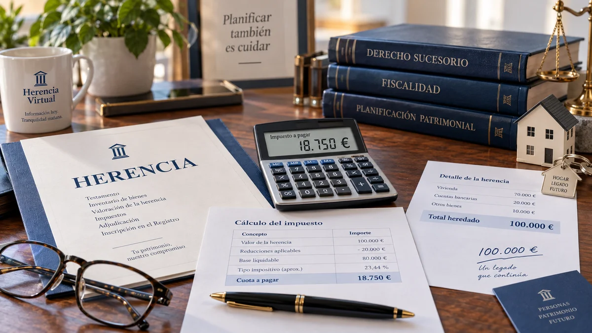 Documentos de herencia y calculadora, 100.000 euros