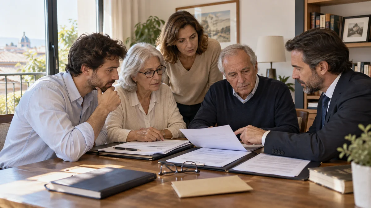 Familia reunida alrededor de una mesa con documentos