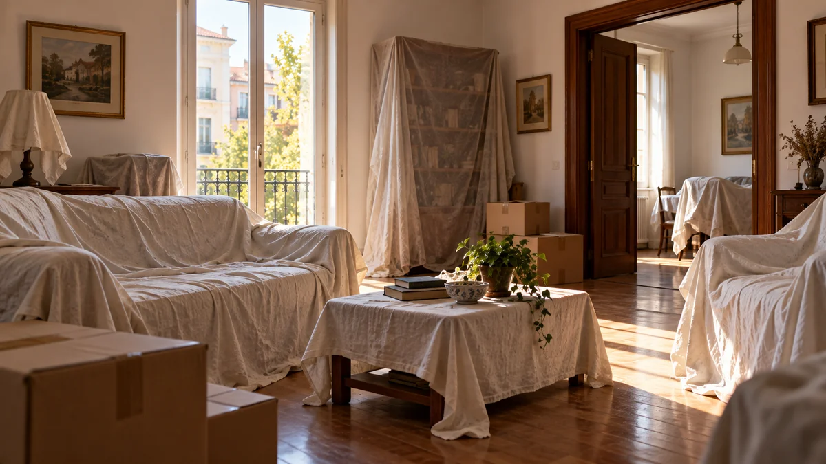 La herencia yacente Casa vacía con los muebles cubiertos por sábanas