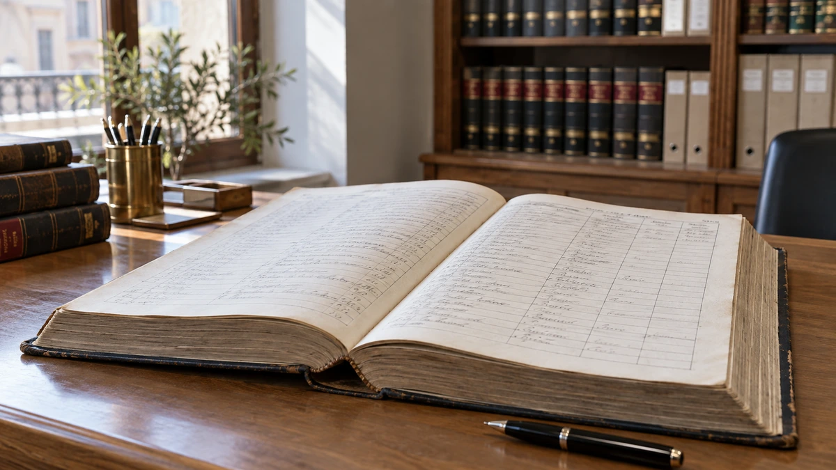 Libro registral abierto sobre un mostrador