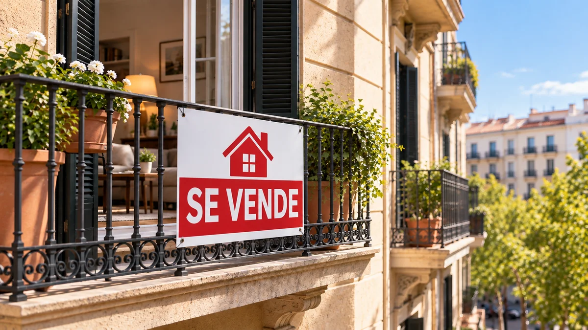 Cartel de se vende en el balcón de un piso